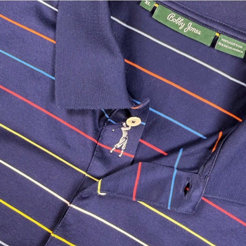 Bobby Jones Polo Shirt Mens XL Navy Blue Striped Short Sleeve Golf EUC